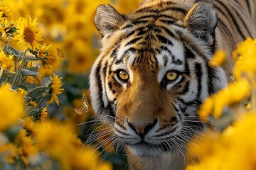 Obraz premium Tiger Lying in Yellow Blossoms – Calm and Regal in Nature 