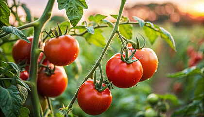 Fresh Red tomatoes on trees in field with warm sunlight natural sunny day background