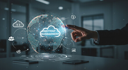 Content Management. Hand of man holding a global digital network connection, data-driven content distribution platform integration, cloud-based collaboration enhancing efficient workflow management