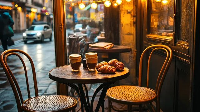 Cozy Parisian cafe scene at dusk, with coffee and croissants on a small table