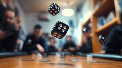 of rolling dice in mid-air, with a blurred background of people playing 