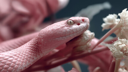 Fototapeta premium close up studio photo of snake on bright flower, copy space