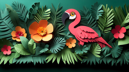 Naklejka premium Paper-cut art with a pink flamingo tropical leaves orange and red flowers all on a green background Nature-inspired