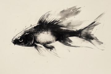 Detailed black and white drawing of a fish, featuring intricate scales and flowing fins, rendered with precise lines and shading for a realistic effect.