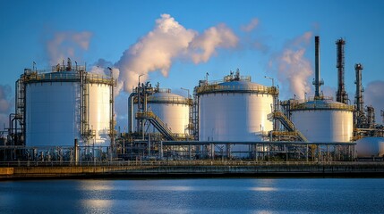 Obraz premium Industrial plant by water with large tanks and pipes