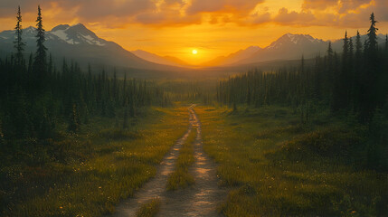 Scenic vista with trail leading into golden sunset framed by mountains and forest Hues of yellow orange and green