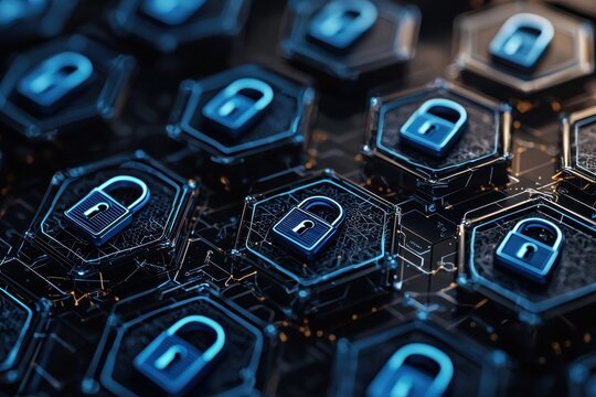 A digital representation of interconnected hexagons featuring blue lock icons, symbolizing cybersecurity and data protection.
