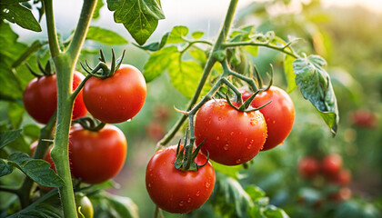 Tomatoes on trees in field with warm sunlight natural sunny day background,  Tometo growing in field