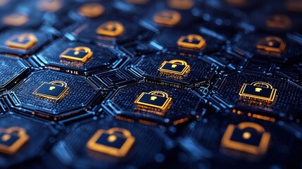 A visually striking digital representation of interconnected hexagonal patterns featuring lock icons, symbolizing cybersecurity and data protection.