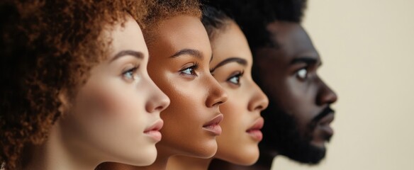 Obraz premium Faces of diverse people in a row all looking toward same direction
