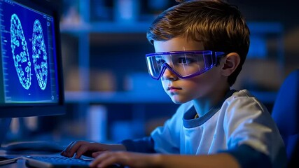 Young boy in safety goggles focused on computer screen displaying scientific data in a lab setting - Powered by Adobe