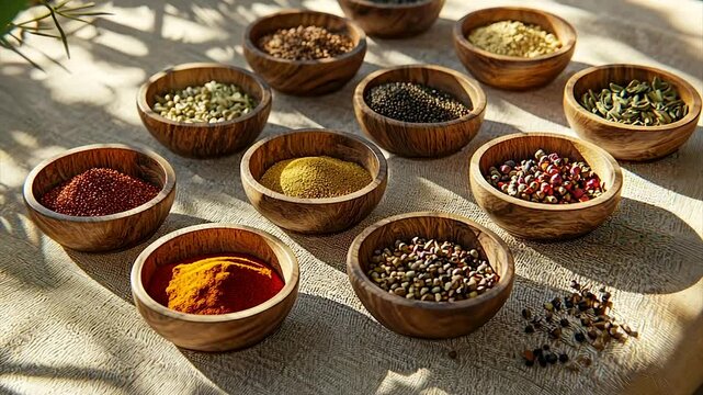 Assorted spices in small wooden bowls