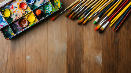 Obraz premium Colorful Watercolor Paint Brushes And Palette On Wooden Table
