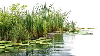 Peaceful Pond with Green Reeds - Nature Landscape Illustration
