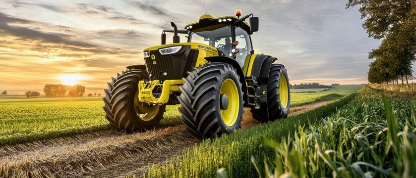 A bright yellow tractor drives through a lush green field at sunset, showcasing agricultural machinery in a picturesque landscape.