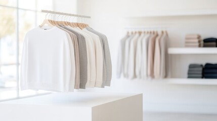 Stylish sweaters displayed on hangers in a modern store