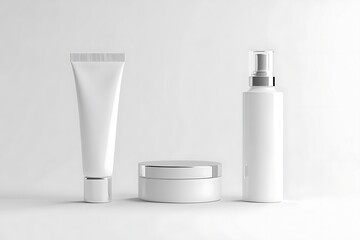 Assorted White Cosmetic Containers Cream Jar, Lotion Tube & Spray Bottle Mockups on White