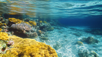 Obraz premium An underwater shot of yellow grey coral reef sandy seabed under rippling turquoise ocean water