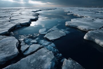 A mesmerizing landscape of broken ice floes on a serene, cold sea under a cloudy sky, reflecting the soft, diffused sunlight, creating a tranquil and dramatic winter scene.