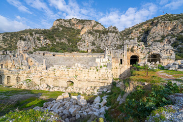 Ruins Myra Ancient City in Demre to Antalya, archaeology landmarks of Turkey. Remains of theatre in Myra, Greco-Roman ancient city in Antalya, Turkey.