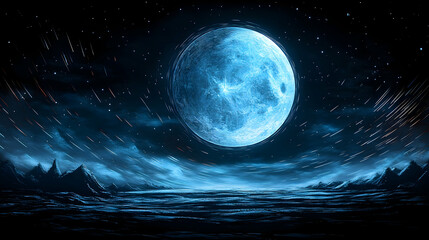 Ethereal blue moon watches over a surreal landscape with shooting stars streaking across the night sky and dark hills