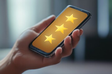 Hand holding phone with three stars rating customer feedback review experience satisfaction mobile app