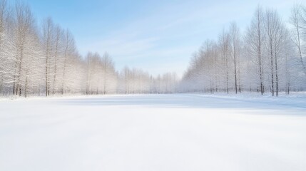 Obraz premium Pristine winter wonderland. Snow-covered trees line a vast expanse of pristine white snow under a clear blue sky