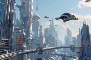 A digital illustration of a futuristic city with towering skyscrapers and flying vehicles, A futuristic cityscape with towering skyscrapers and neon lights