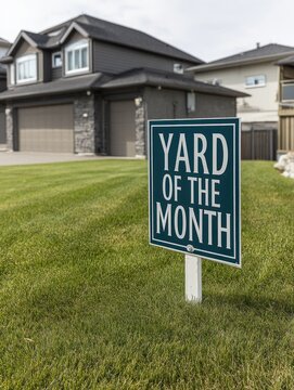 A "YARD OF THE MONTH" sign proudly displayed on a beautifully landscaped lawn
