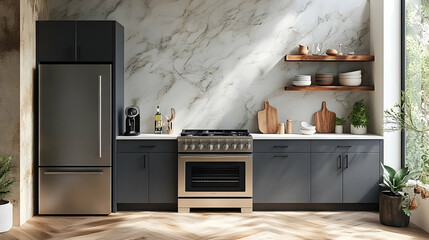 Modern kitchen, featuring stainless steel appliances, dark gray cabinets, marble backsplash, and wooden accents