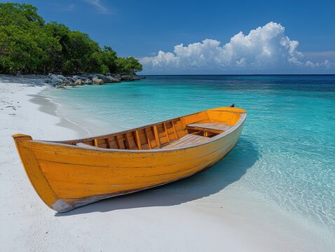 Beach Scene with Boat and Trees - Powered by Adobe