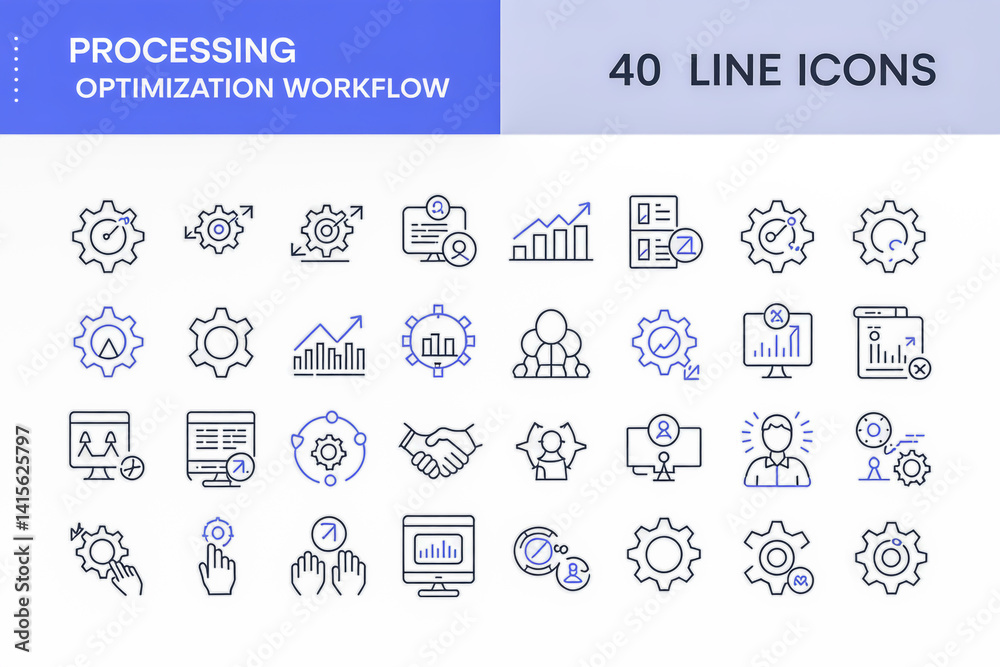 Fototapete a set of 40 line art icons arranged in a 5x8 grid format, depicting processing optimization workflow