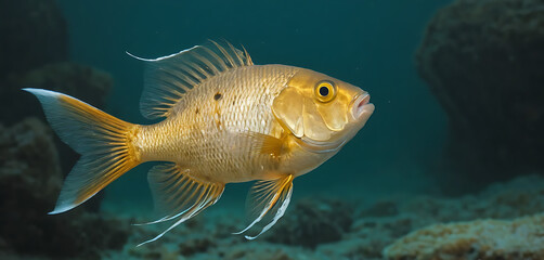 Fototapeta premium Colorful tropical fish swim in a blue aquarium, an isolated aquatic pet of nature