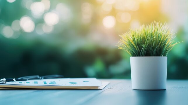 Green project sustainability plan with charts and data, displayed on a modern workspace desk.