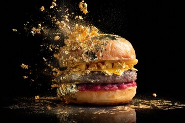 A stunning burger, lavishly adorned with gold leaf, presenting a luxury dining experience.