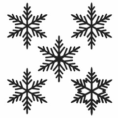Set of Five Black Silhouette Snowflakes in Various Styles
