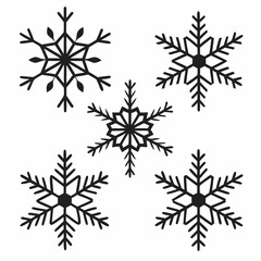 Set of Five Black Silhouette Snowflakes in Various Styles