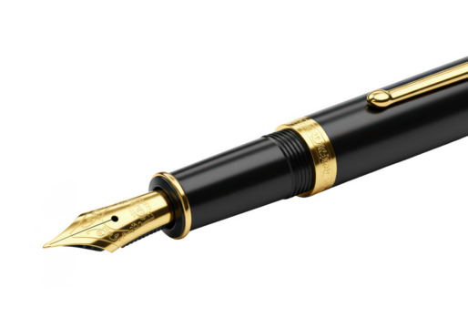 Close up of black and gold fountain pen writing instrument on transparent background