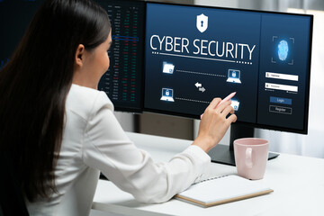 Cyber security system on computer screen protect private information brisk from hacker and cyber...