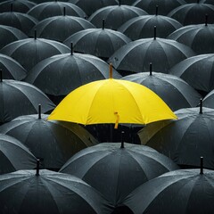 Obraz premium One yellow umbrella among many black ones in the rain.