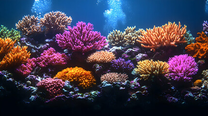 Obraz premium Vibrant coral reef teeming with diverse colors and forms beneath a deep blue ocean with bubbles rising to the surface