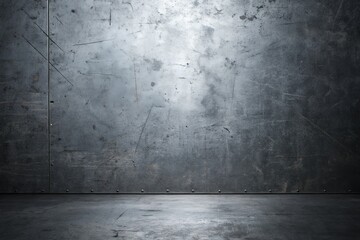 A gritty, industrial scene unfolds, a vast metal wall bearing the marks of time and labor, its surface textured with scratches and rivets, the floor echoing its rugged character in cool, dark tones.