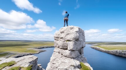 Obraz premium Adventurous climber atop a rocky summit overlooking a vast landscape