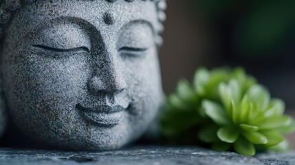 Fototapeta premium Serene buddha statue and green plant peaceful meditation image tranquil mindfulness photography