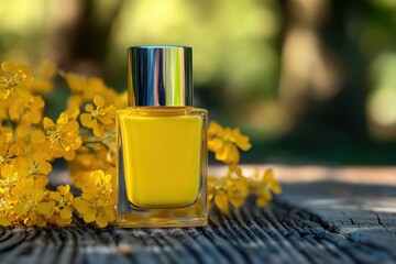 Close-up of yellow nail polish on a table, showcasing vibrant color and glossy finish. Ideal for beauty or nail care product displays