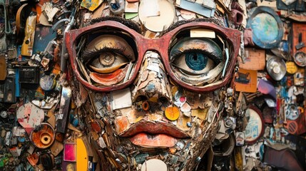 A Portrait Constructed From Various Reclaimed Materials Displays Eyes