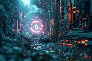 Fototapeta premium A digital cave with glowing circuit boards and a Bitcoin symbol as the focal point, A surreal interpretation of mining cryptocurrency with computer algorithms