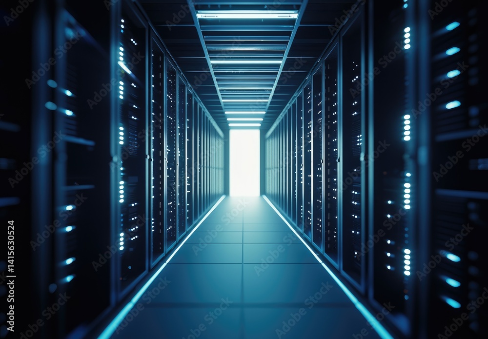 Poster long corridor of glowing blue servers in a high-tech data facility with bright light at the end. per