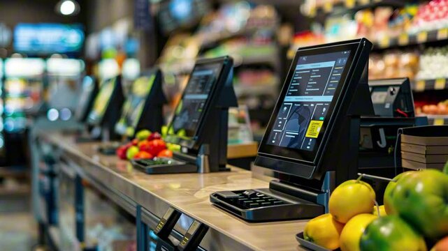 Grocery checkout line with touchscreen terminals and fresh fruits at counter, blurred background. Concept of modern retail and self-service