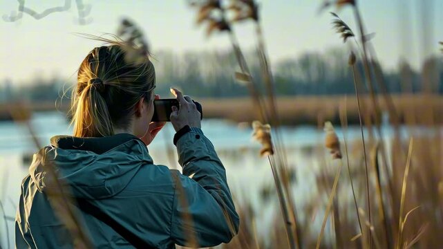 Woman in jacket using binoculars near lake with reeds and distant forest under cold sunlight. Concept of nature observation, birdwatching and solitude